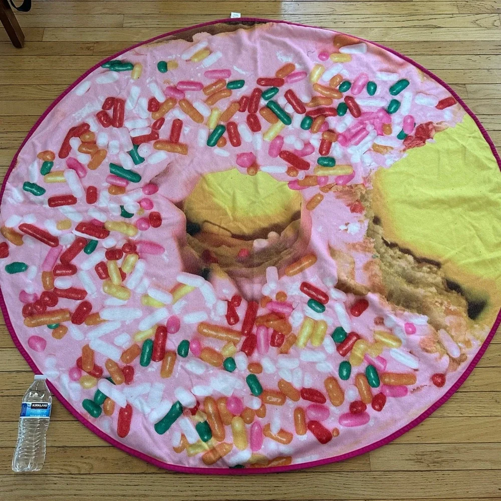 Round pool beach towel pink‎ donut & colorful sprinkles design 58” diameter